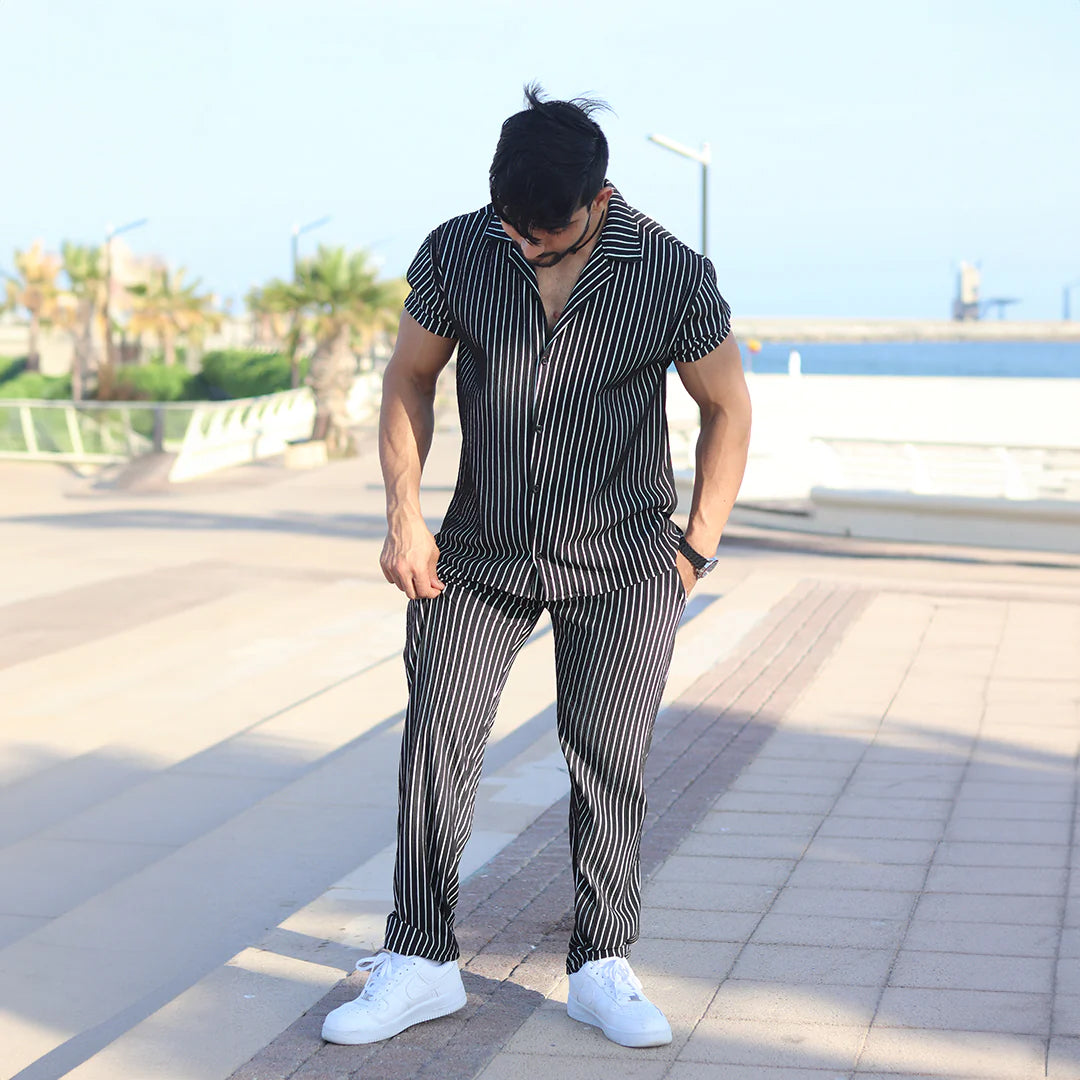 Linen Black Cord Set with white stripes