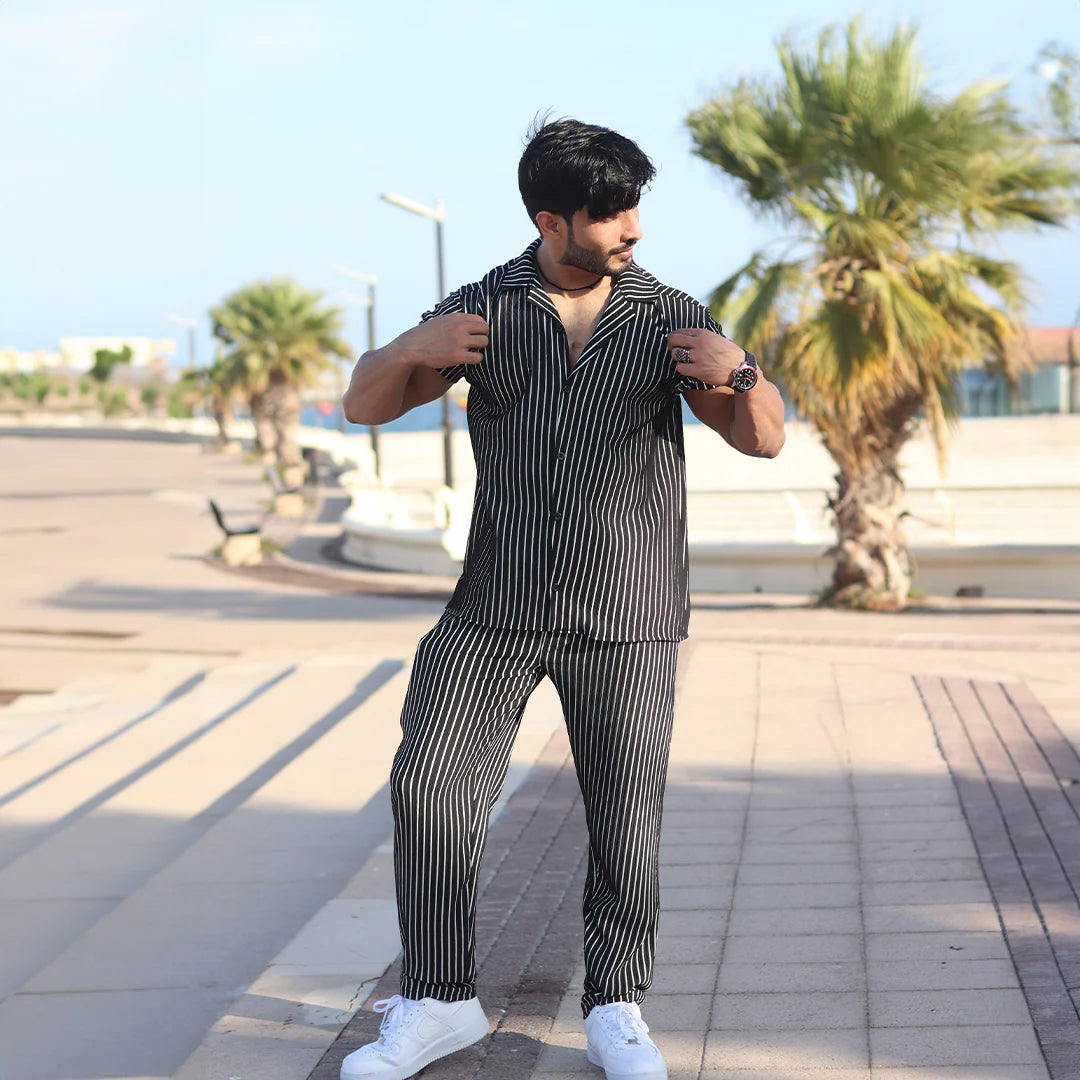 Linen Black Cord Set with white stripes