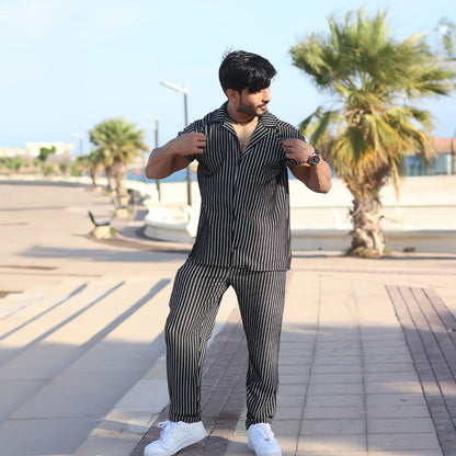 Linen Black Cord Set with white stripes