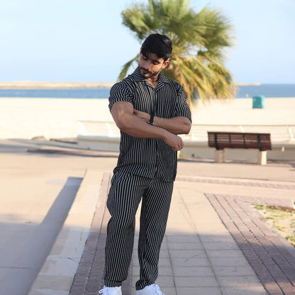 Linen Black Cord Set with white stripes