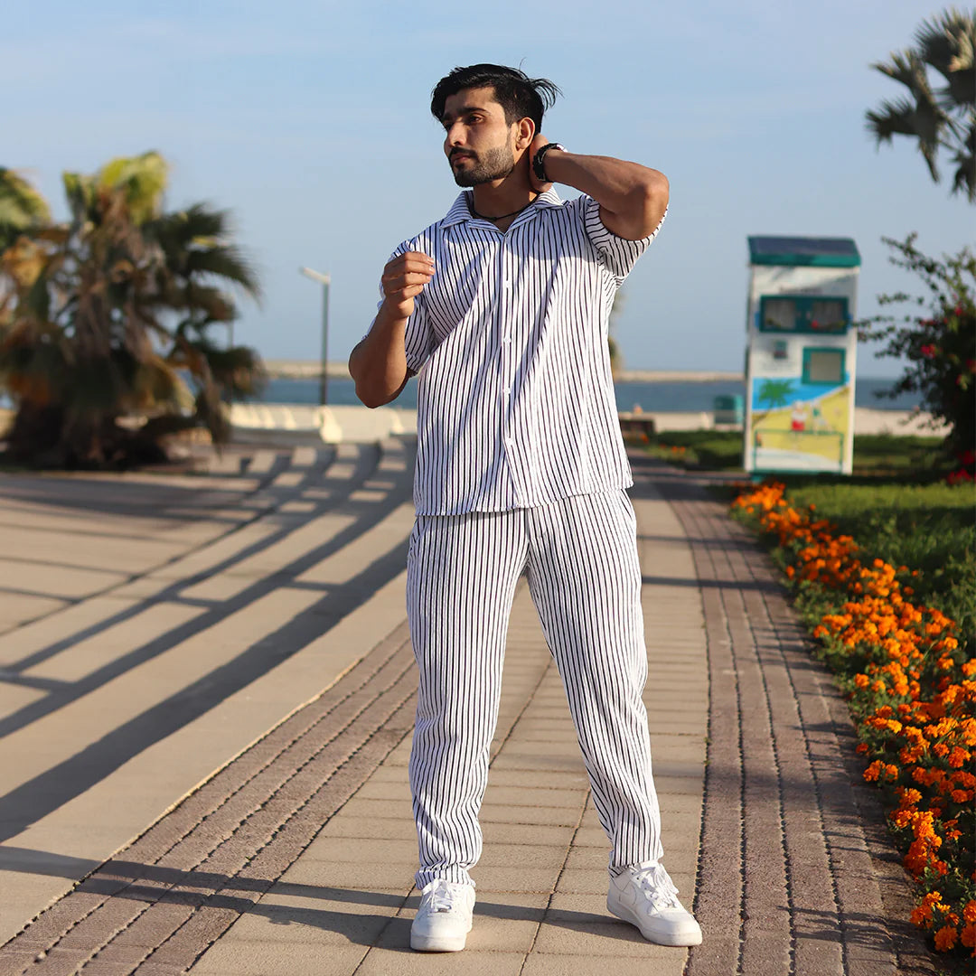 Linen White & Black stripe Cord Set