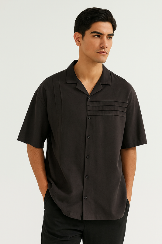 Ugur Parallel Line Cube Collar Shirt- Black