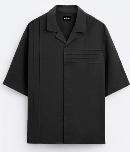 Ugur Parallel Line Cube Collar Shirt- Black