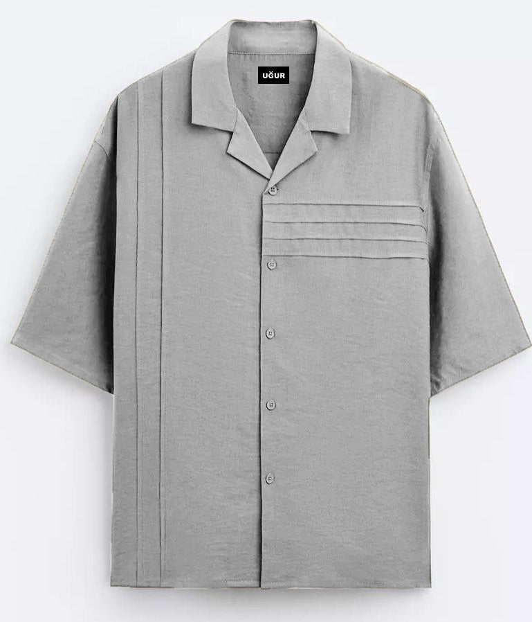 Ugur Parallel Line Cube Collar Shirt- Grey