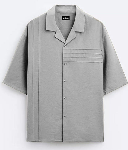 Ugur Parallel Line Cube Collar Shirt- Grey